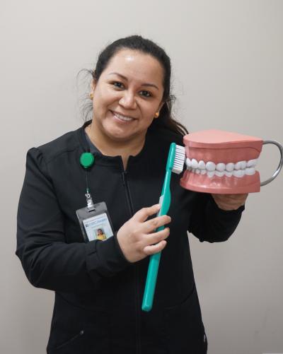 Woman brushing giant pair of teeth